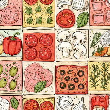 Delicious pizza toppings ingredients seamless pattern background