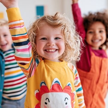 Happy diverse children raising hands in classroom