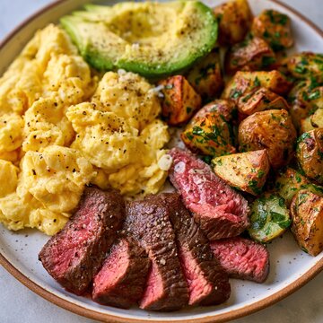 Steak and eggs breakfast with potatoes and avocado