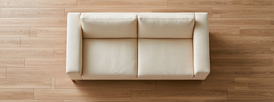 Top view of a modern cream sofa on a clean wooden parquet floor surface