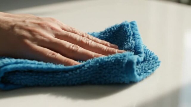 Close up of hand wiping dust and dirt off white table surface with blue microfiber cloth.