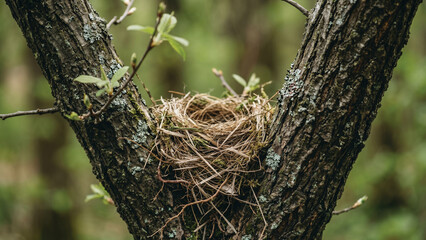 Obraz premium Natural Bird Nest Between Tree Branches in Wild Forest for Wildlife Habitat and Nature Conservation