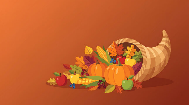 Thanksgiving cornucopia filled with fresh autumn vegetables fruits and colorful fall foliage on a warm orange background