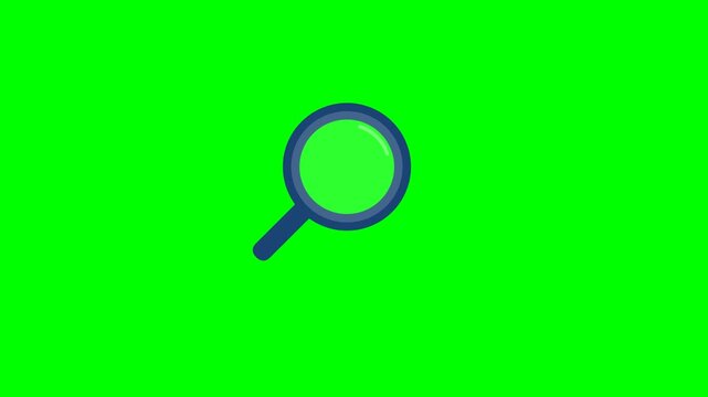 High-quality 4K flat vector magnifying glass animation featuring searching movement, discovery pulse, and zoom effect on a chroma key green background.