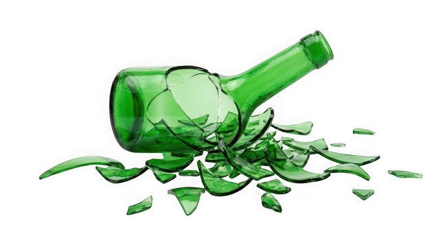 Broken green glass bottle with sharp shards scattered on the floor isolated on transparent background