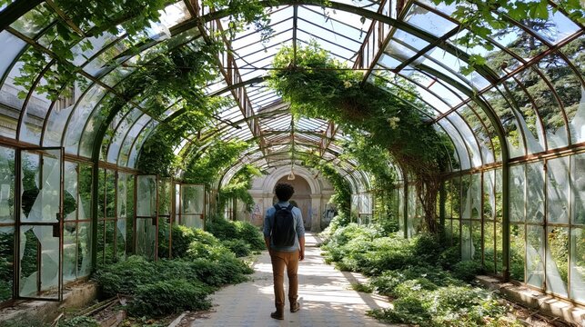 Abandoned greenhouse with wild growth and broken glass, person walking inside
