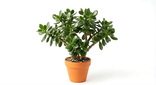 Jade Plant Crassula Ovata Succulent Bonsai Tree In Terracotta Pot Isolated On White