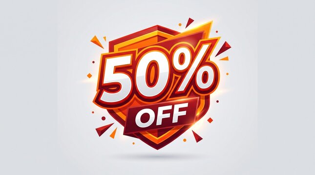 50% off sale banner with 3D shield design, orange and red discount badge for retail promotion, half price offer sticker for marketing