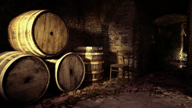 Moody cellar stacked oak barrels bathed in warm amber light, stone walls and wooden racks, scattered dust motes, vintage cooper tools, artisan aging scene