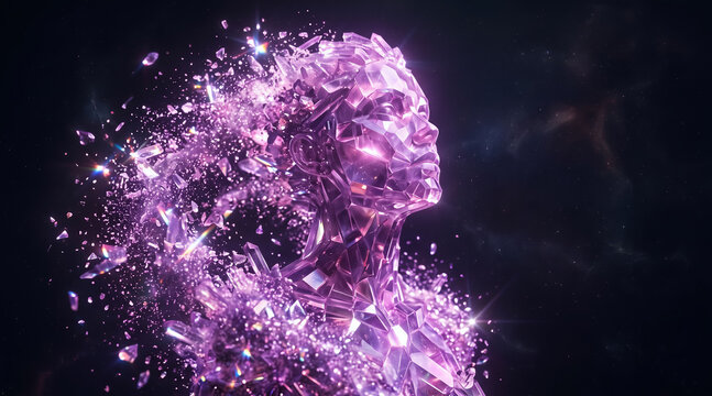 Abstract 3d render of a human head silhouette made of glowing purple crystals, shattering into sparkling fragments in space, cosmic nebula background. Sci-fi, digital art