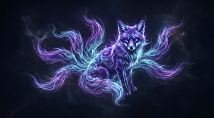Fototapeta premium Digital illustration of a mystical multi-tailed fox made of glowing cosmic energy and nebulae, floating in deep space. Fantasy art, celestial concept, magical creature.