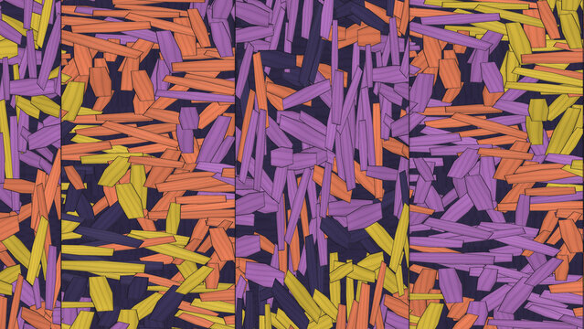 Overlapping elongated shapes pattern in purple, orange, and yellow