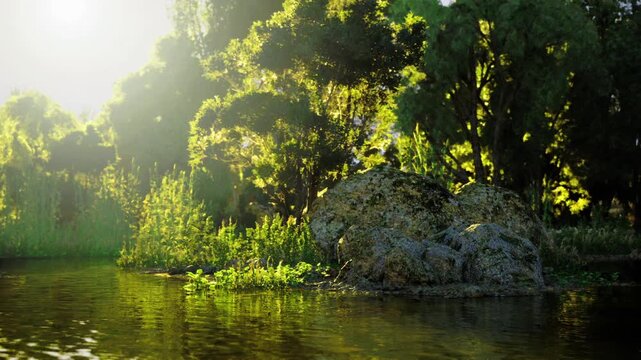 Riparian habitat with dense shrubs and rocky outcrops at golden light, promising refuge for birds and small mammals, suitable for conservation messaging