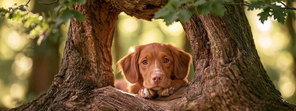 Cute puppy dog look out from tree trunk hollow in sunny forest scene 123