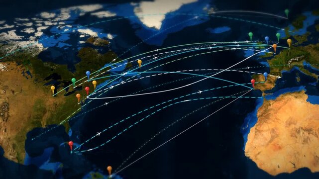 North Atlantic air traffic route map with pinned airport locations