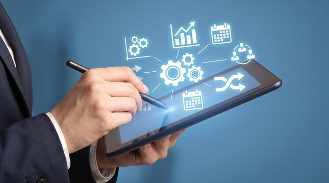 Tablet with stylus displaying business management and project planning icons, including digital workflow automation, analytics, growth charts, schedules, etc