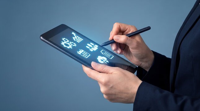 Tablet with stylus displaying business management and project planning icons, including digital workflow automation, analytics, growth charts, schedules, etc