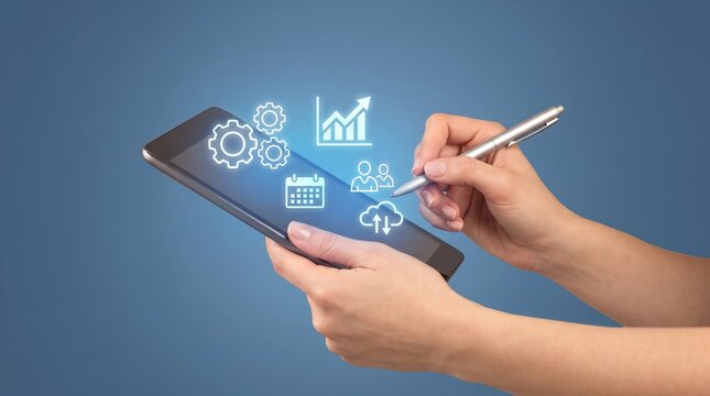 Tablet with stylus displaying business management and project planning icons, including digital workflow automation, analytics, growth charts, schedules, etc