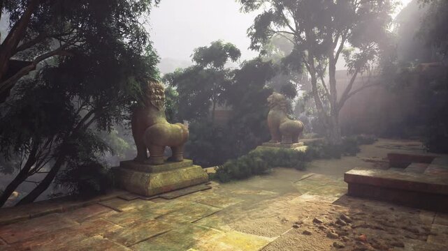 Mosscovered stone statues embodying guardians on temple platform. Carved stone sculptures of lions stand vigilant at temple edge beneath misty valley