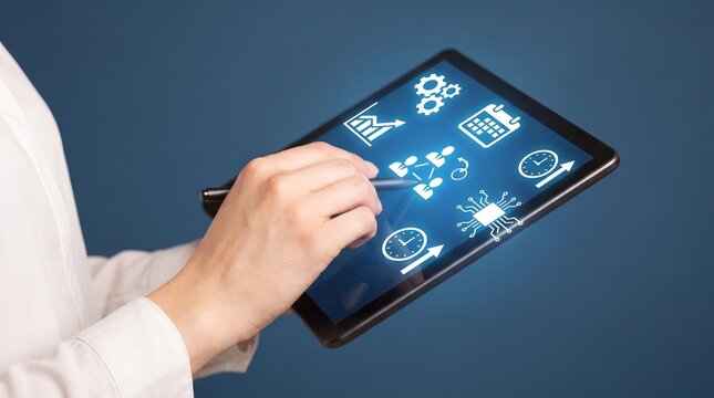 Tablet with stylus displaying business management and project planning icons, including digital workflow automation, analytics, growth charts, schedules, etc