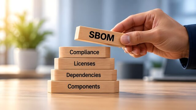 Hand stacking wooden blocks with SBOM text representing software bill of materials compliance and dependency management