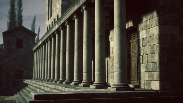 Shadowed corridor of classical columns, deep doorway and long colonnade drenched in contrast with textured stone walls and hush of late afternoon, moody