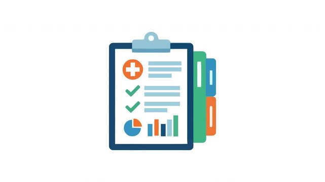 Medical clipboard document displaying health check progress with statistical charts and patient record notes to signify successful completion of clinical tasks during daily hospital wellness