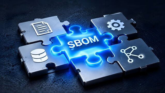 SBOM puzzle pieces with glowing blue center representing software bill of materials compliance and system integration