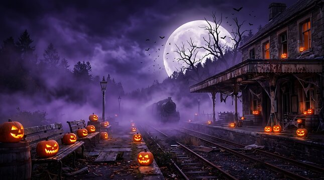 Spooky Halloween train station glowing with numerous carved jackolantern pumpkins under a full moon night sky filled with clouds bats and eerie purple fog