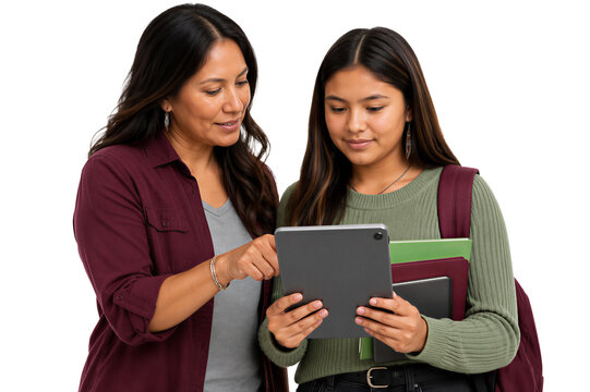 Adult woman and teenage girl looking at digital tablet together, holding books and backpack, isolated on transparent background. Education, learning, family, technology.