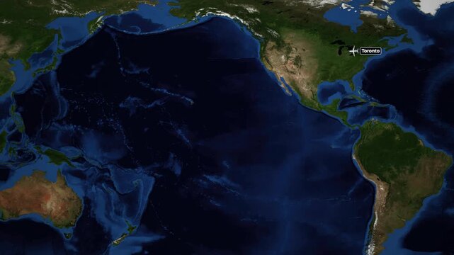 Animated World Map Showing Flight Route from Toronto to Brisbane