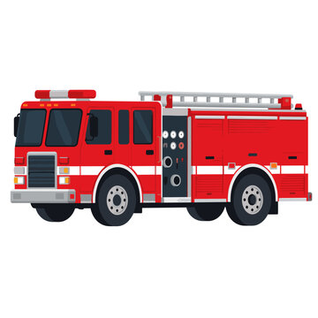 Fire truck side view with ladder and equipment on white background