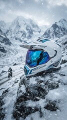 Motorcycle helmet on snowy rock with arctic mountain landscape and rider © Muhammad