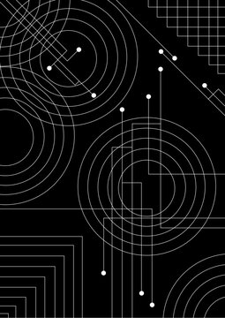 Abstract geometric line art background with overlapping circles, squares, and technical lines