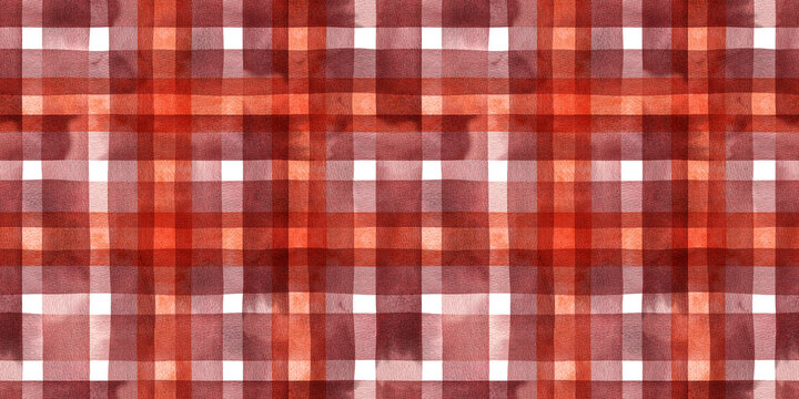 Hand painted watercolor autumn fall orange red striped background. Stripe seamless pattern. Stripes checkered plaid illustration. Fabric, wallpaper, wrapping, tablecloth,  banner, textile, sketchbook