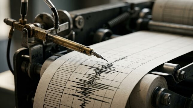 A close up view of an analog seismograph machine recording seismic activity during an earthquake on a grid paper roll with a pointed ink pen, underscoring the seismometer