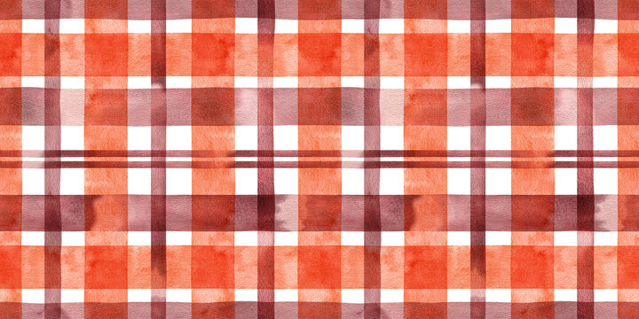 Hand painted watercolor autumn fall orange red striped background. Stripe seamless pattern. Stripes checkered plaid illustration. Fabric, wallpaper, sketchbook, wrapping, tablecloth, textile, banner