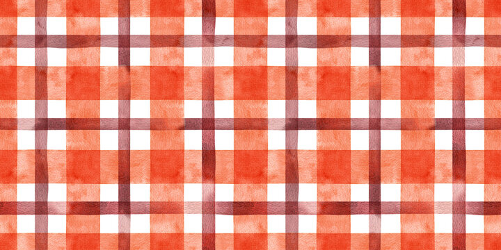 Hand painted watercolor autumn fall orange red striped background. Stripe seamless pattern. Stripes checkered plaid illustration. Fabric, sketchbook, wallpaper, wrapping, tablecloth, textile, banner
