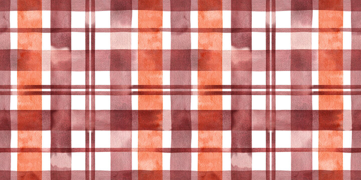 Hand painted watercolor autumn fall orange red striped background. Stripe seamless pattern. Stripes checkered illustration. Fabric, sketchbook, wallpaper, wrapping, bags, tablecloth, textile, banner