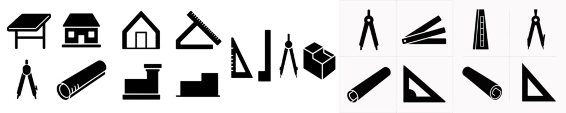 Architecture and Drafting Tools Icons with Compass, Ruler and Blueprint Symbols