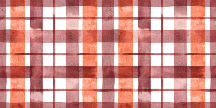 Hand painted watercolor autumn fall orange red striped background. Stripe seamless pattern. Stripes checkered illustration. Fabric, sketchbook, wallpaper, wrapping, bags, banner, tablecloth, textile