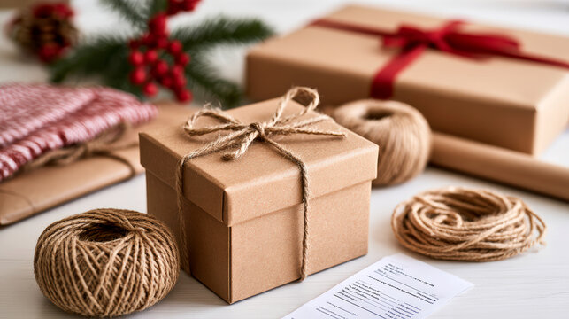 Eco friendly Christmas gift wrapping with kraft boxes twine and natural decorations