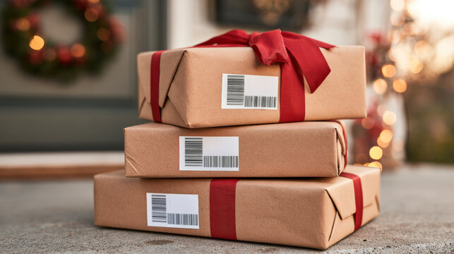 Christmas packages with barcodes and red ribbons ready for holiday home delivery