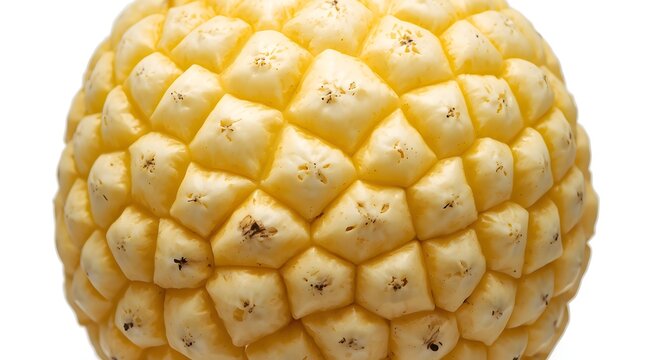 Close-up shot of the textured surface and geometric pattern of a peeled pineapple fruit