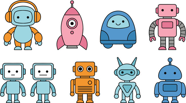 Cute cartoon robot character doodle collection with futuristic technology machinery elements isolated on white background