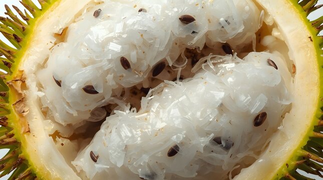 Extreme macro shot revealing the intricate texture and black seeds inside a freshly opened tropical soursop fruit