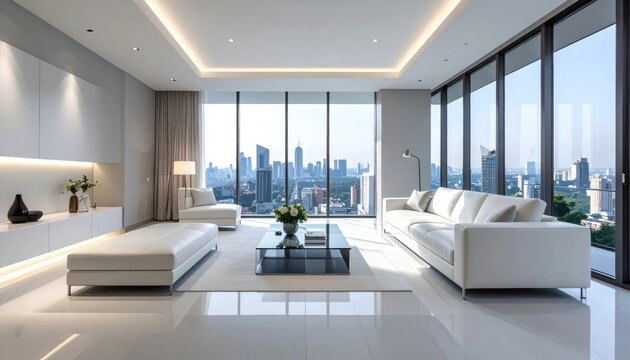Modern white penthouse living room overlooking urban city skyline