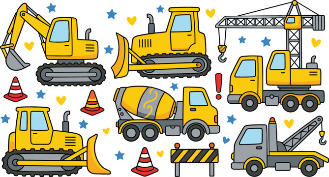 Cute cartoon construction vehicles vector doodle collection with yellow excavator bulldozer cement mixer isolated on white background