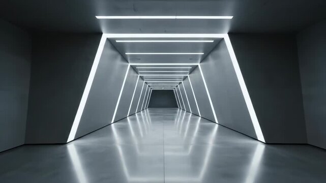 Modern minimalist hallway with repeating horizontal LED lights and symmetrical fixtures reflecting on a polished floor in a futuristic gray high-tech interior corridor.