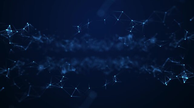Abstract blue plexus particle constellation background with depth of field, futuristic technology network dark background.